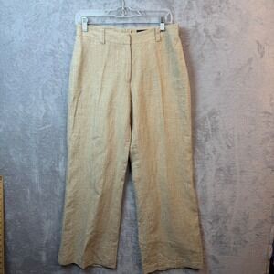 Hennes Linen Pants Women 8 Beige Pinstripe Wide Leg Trousers 100% Linen Business